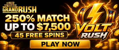 Welcome bonus 250% match up to $7,500 plus 45 free spins on Volt Rush