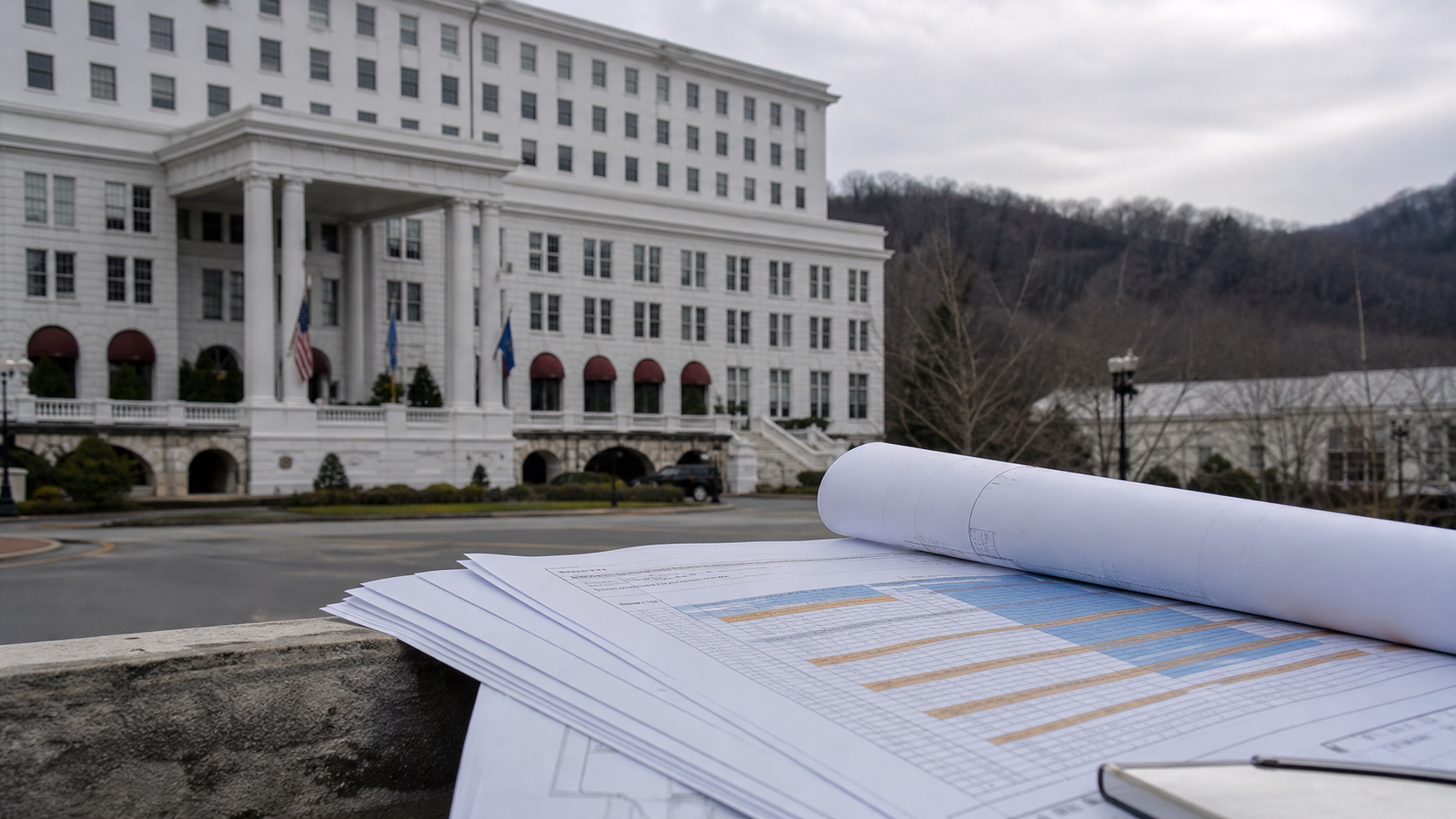 Greenbrier casino resort and refinancing documents in a news scene
