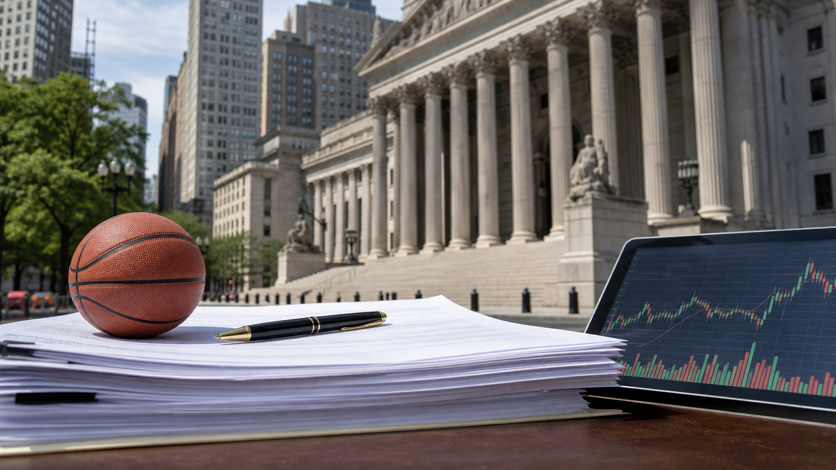 New York courthouse with sports market documents