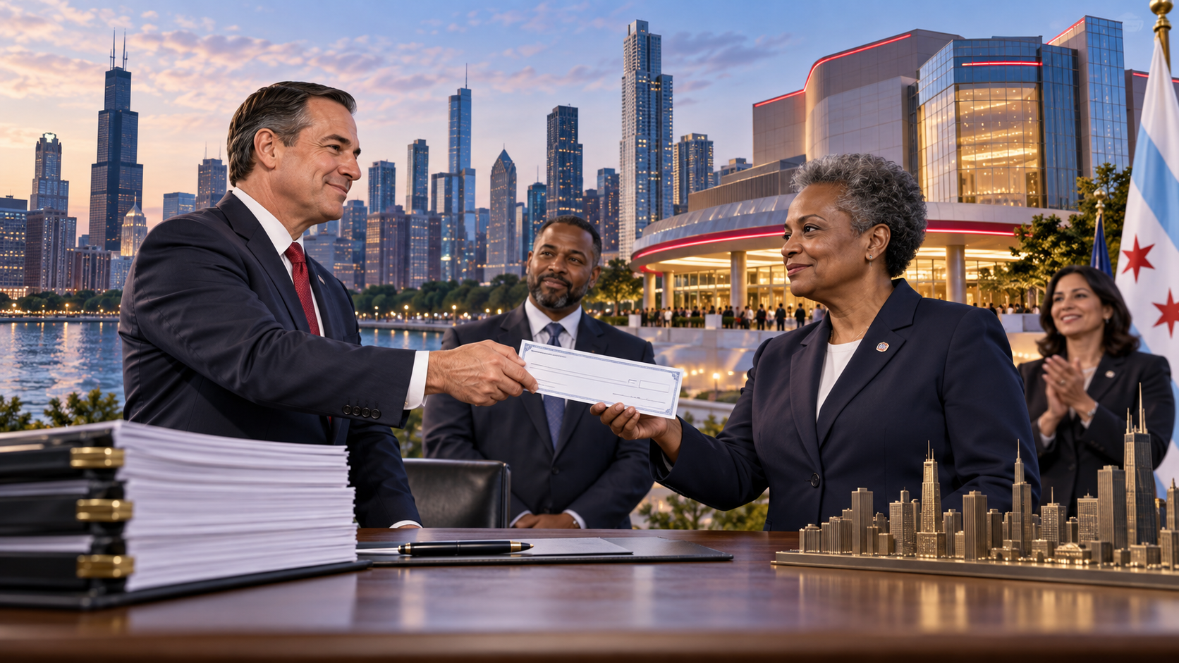 Editorial illustration of a Chicago casino making a city host-agreement payment