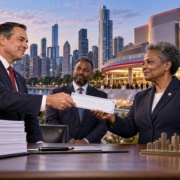 Editorial illustration of a Chicago casino making a city host-agreement payment