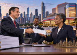 Editorial illustration of a Chicago casino making a city host-agreement payment