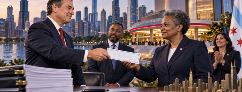 Editorial illustration of a Chicago casino making a city host-agreement payment