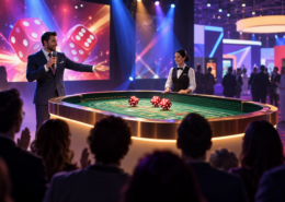 Editorial illustration of a new casino dice game unveiling at a gaming expo