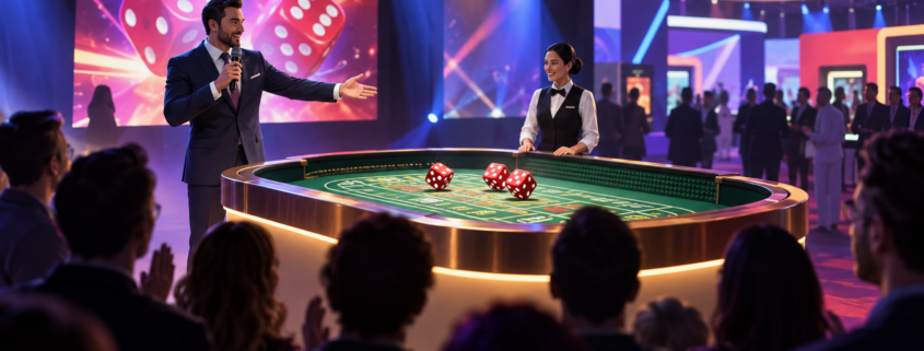 Editorial illustration of a new casino dice game unveiling at a gaming expo