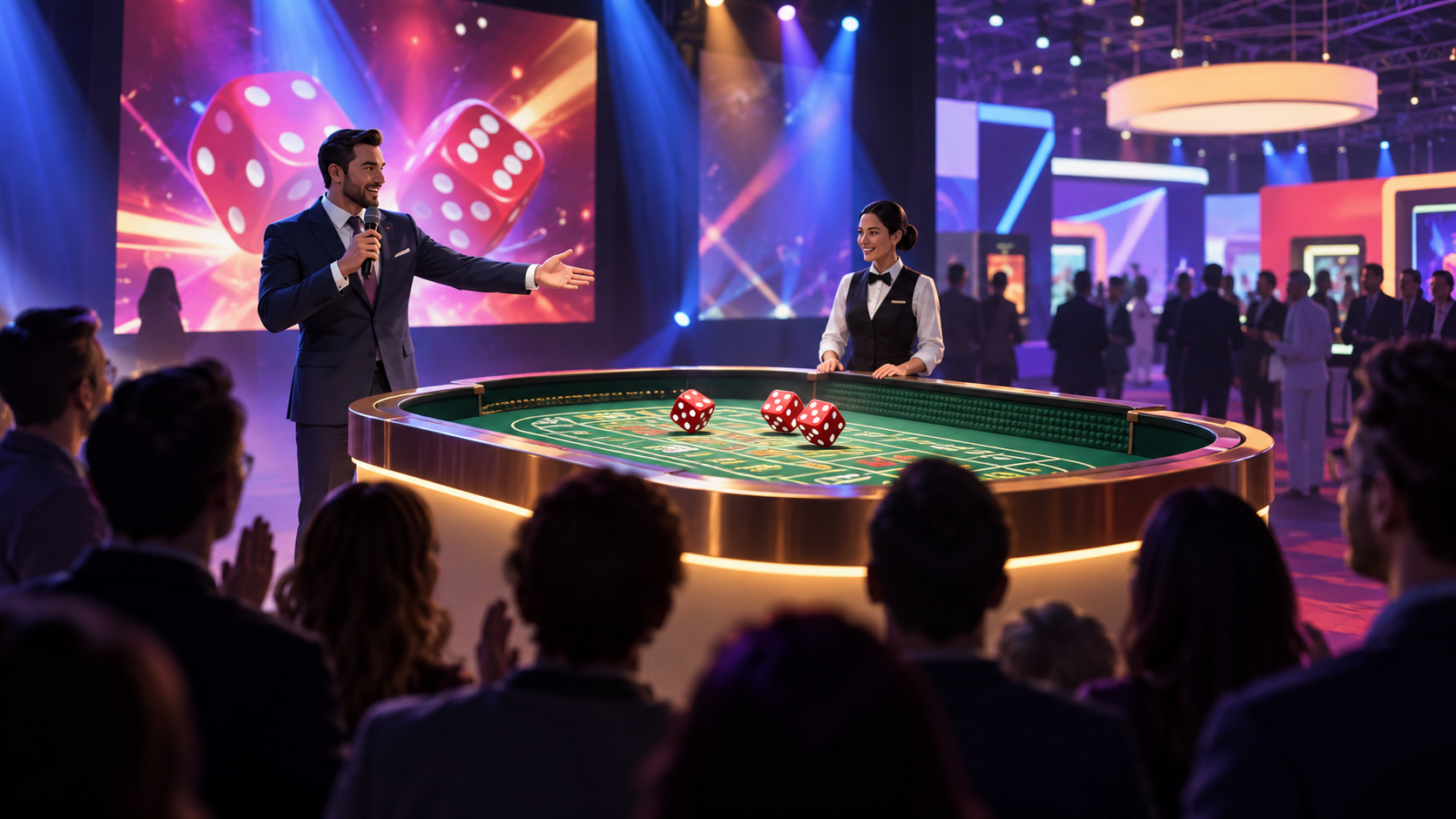 Editorial illustration of a new casino dice game unveiling at a gaming expo