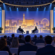 Editorial illustration of a Las Vegas gaming expo stage and keynote speakers