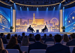 Editorial illustration of a Las Vegas gaming expo stage and keynote speakers