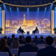 Editorial illustration of a Las Vegas gaming expo stage and keynote speakers