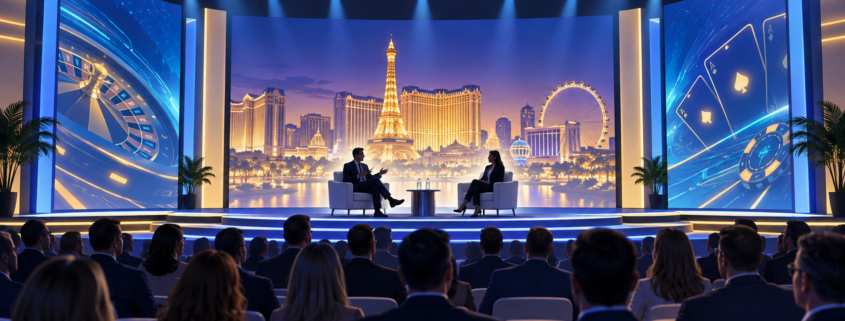 Editorial illustration of a Las Vegas gaming expo stage and keynote speakers