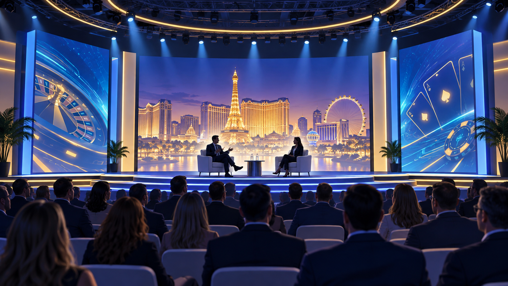 Editorial illustration of a Las Vegas gaming expo stage and keynote speakers