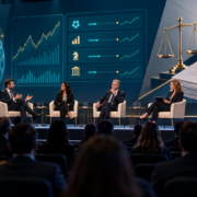 Editorial illustration of prediction markets, event contracts, a gaming conference stage, and regulatory documents