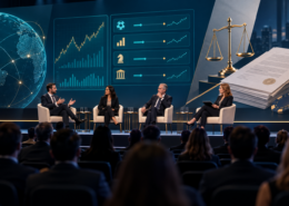 Editorial illustration of prediction markets, event contracts, a gaming conference stage, and regulatory documents
