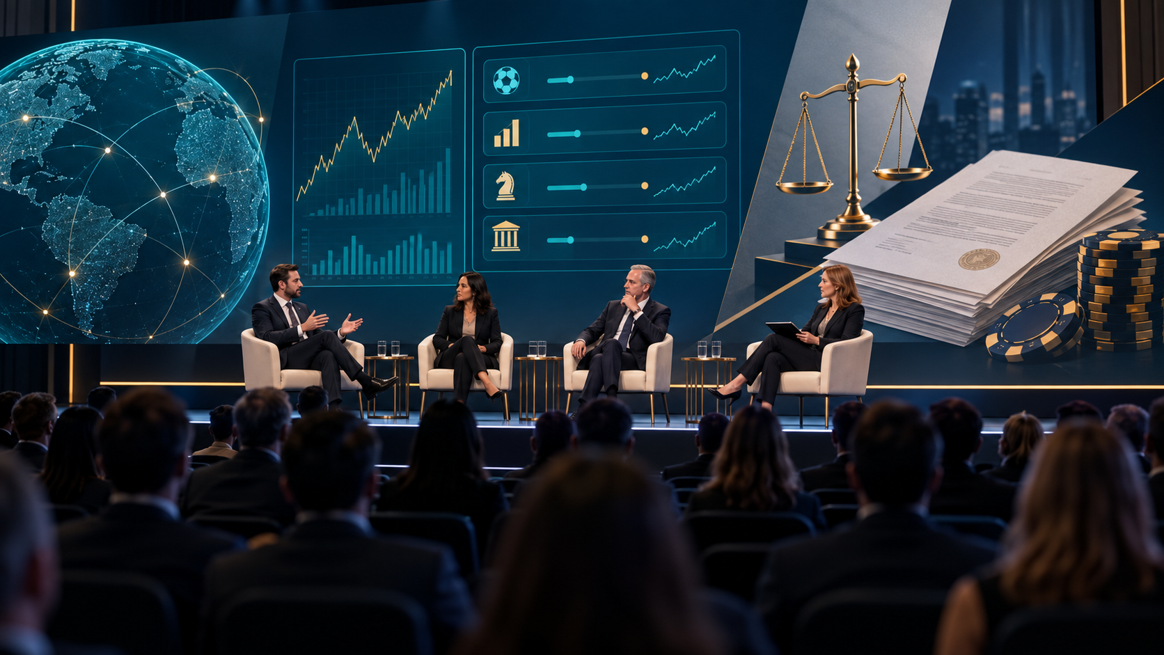 Editorial illustration of prediction markets, event contracts, a gaming conference stage, and regulatory documents