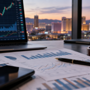 Editorial illustration of casino industry stock charts and market analysis