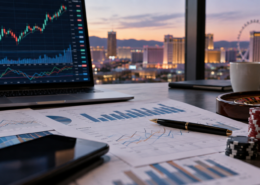 Editorial illustration of casino industry stock charts and market analysis
