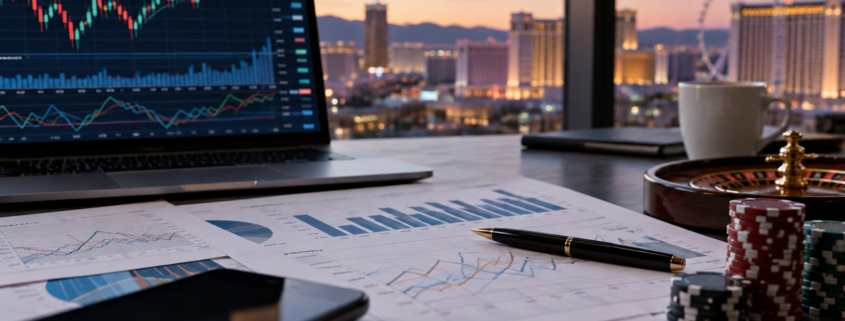 Editorial illustration of casino industry stock charts and market analysis
