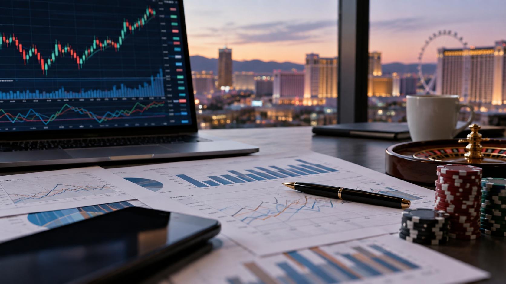 Editorial illustration of casino industry stock charts and market analysis