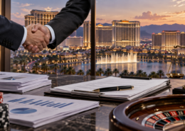 Editorial illustration of a casino takeover proposal, legal documents, and a Las Vegas gaming company