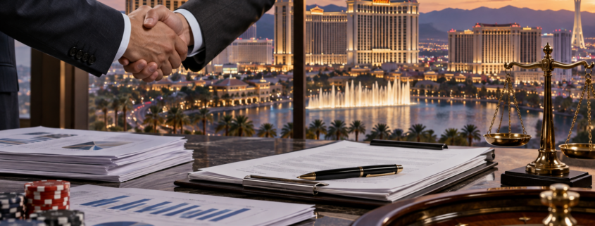 Editorial illustration of a casino takeover proposal, legal documents, and a Las Vegas gaming company