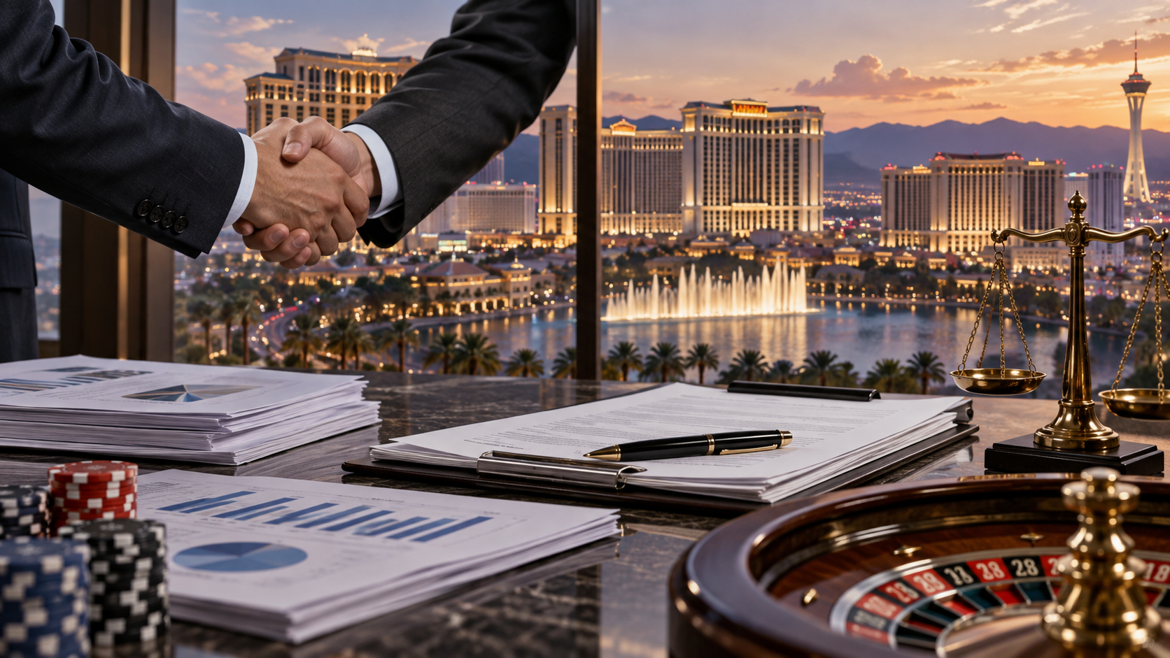 Editorial illustration of a casino takeover proposal, legal documents, and a Las Vegas gaming company