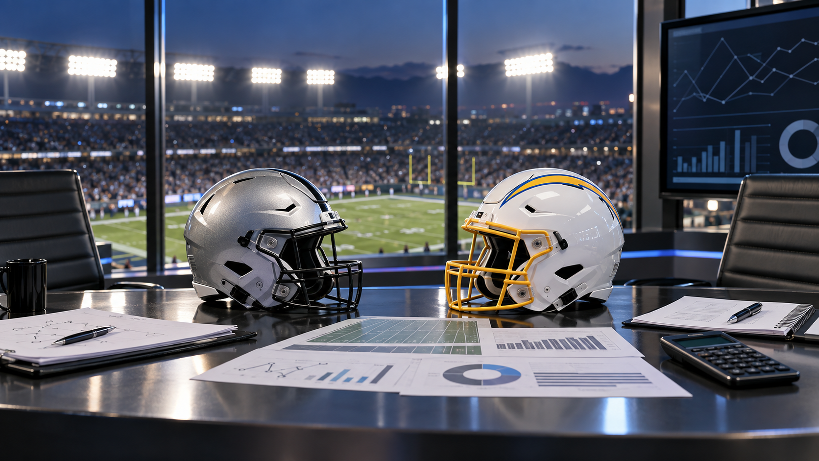 Editorial illustration of NFL betting analysis, Raiders and Chargers helmets, and matchup statistics