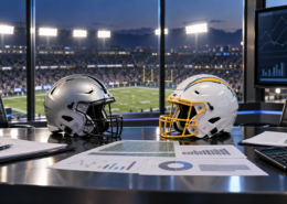 Editorial illustration of NFL betting analysis, Raiders and Chargers helmets, and matchup statistics