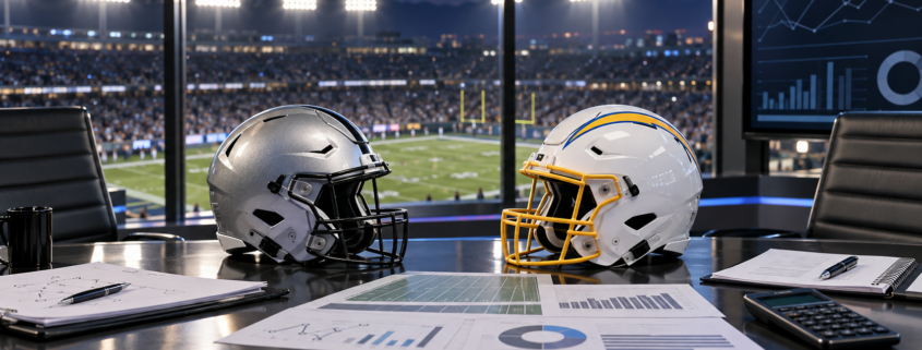 Editorial illustration of NFL betting analysis, Raiders and Chargers helmets, and matchup statistics