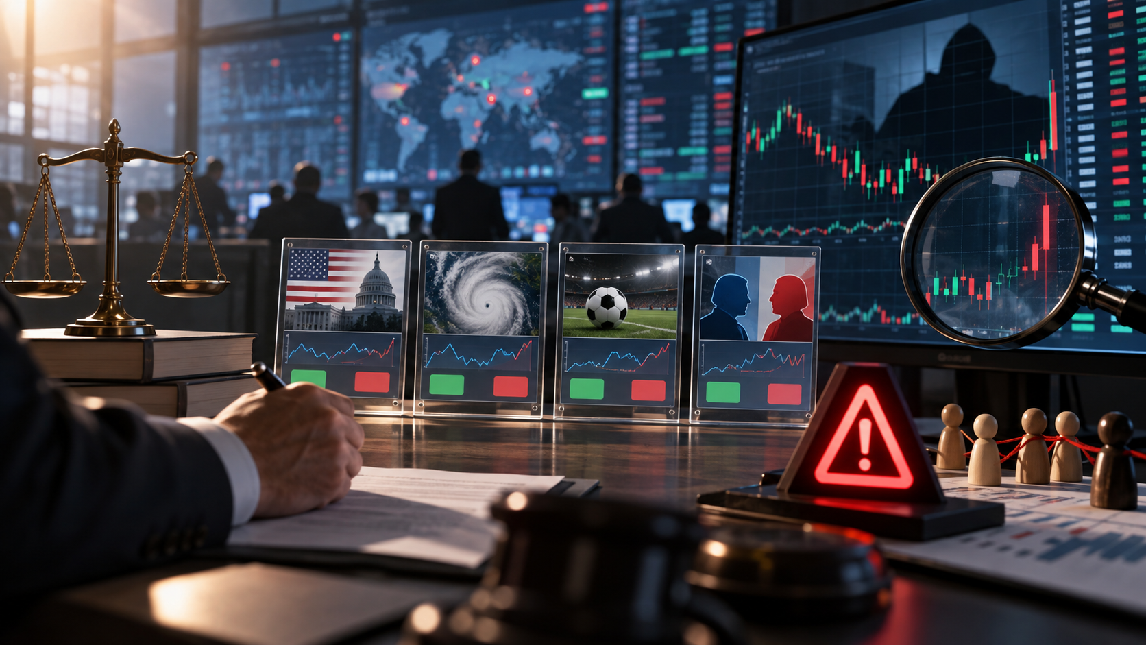 Editorial illustration of prediction-market manipulation risk, CFTC oversight, and exchange data