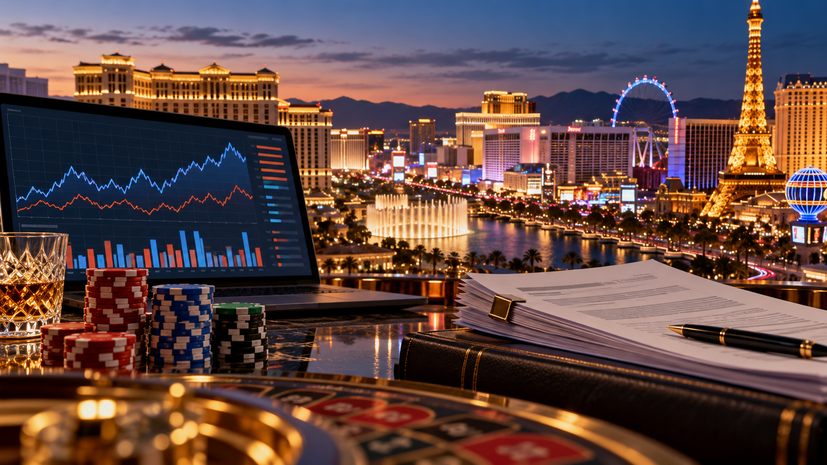 Editorial illustration about prediction markets, United States casino and gambling news, and source documents