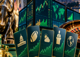Editorial illustration of US prediction markets, event contracts, and a Wall Street volume forecast