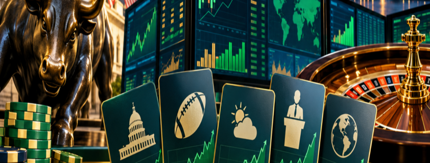 Editorial illustration of US prediction markets, event contracts, and a Wall Street volume forecast