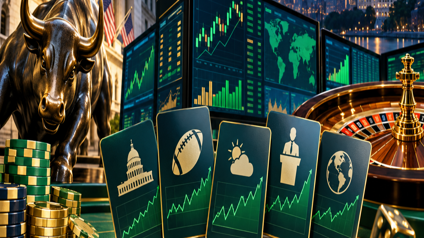 Editorial illustration of US prediction markets, event contracts, and a Wall Street volume forecast