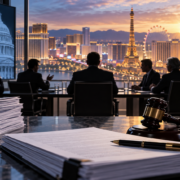 Editorial illustration of a casino merger review, regulatory documents, and a Las Vegas operator