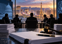 Editorial illustration of a casino merger review, regulatory documents, and a Las Vegas operator