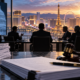Editorial illustration of a casino merger review, regulatory documents, and a Las Vegas operator