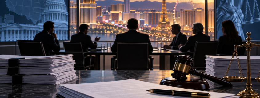 Editorial illustration of a casino merger review, regulatory documents, and a Las Vegas operator