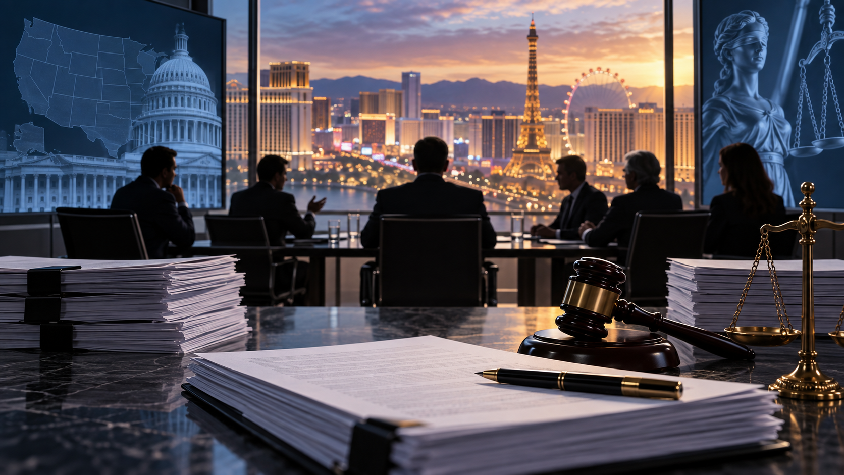 Editorial illustration of a casino merger review, regulatory documents, and a Las Vegas operator