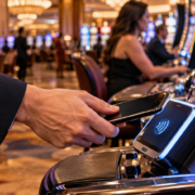 Editorial illustration of cashless casino gaming, digital payments, and a modern casino floor