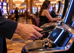 Editorial illustration of cashless casino gaming, digital payments, and a modern casino floor