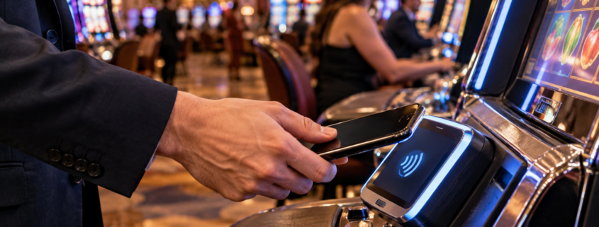 Editorial illustration of cashless casino gaming, digital payments, and a modern casino floor