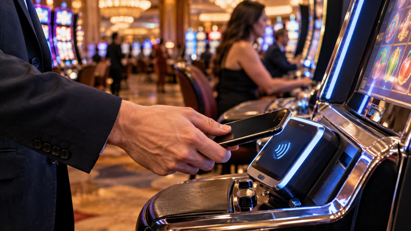 Editorial illustration of cashless casino gaming, digital payments, and a modern casino floor
