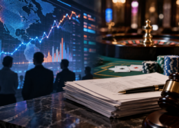 Editorial illustration of casino-style games and prediction-market regulation