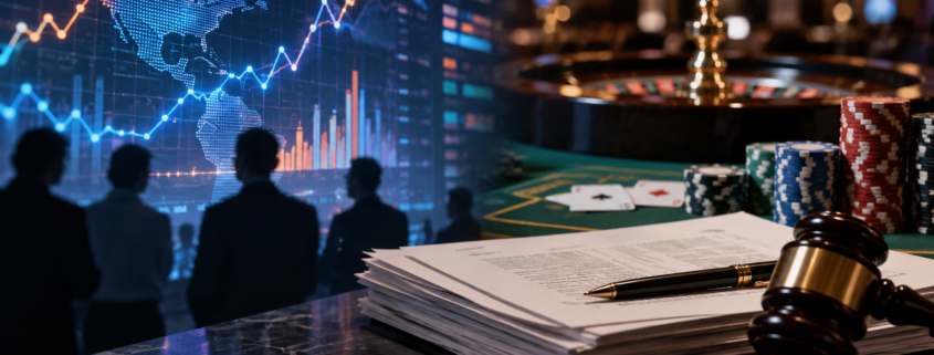 Editorial illustration of casino-style games and prediction-market regulation