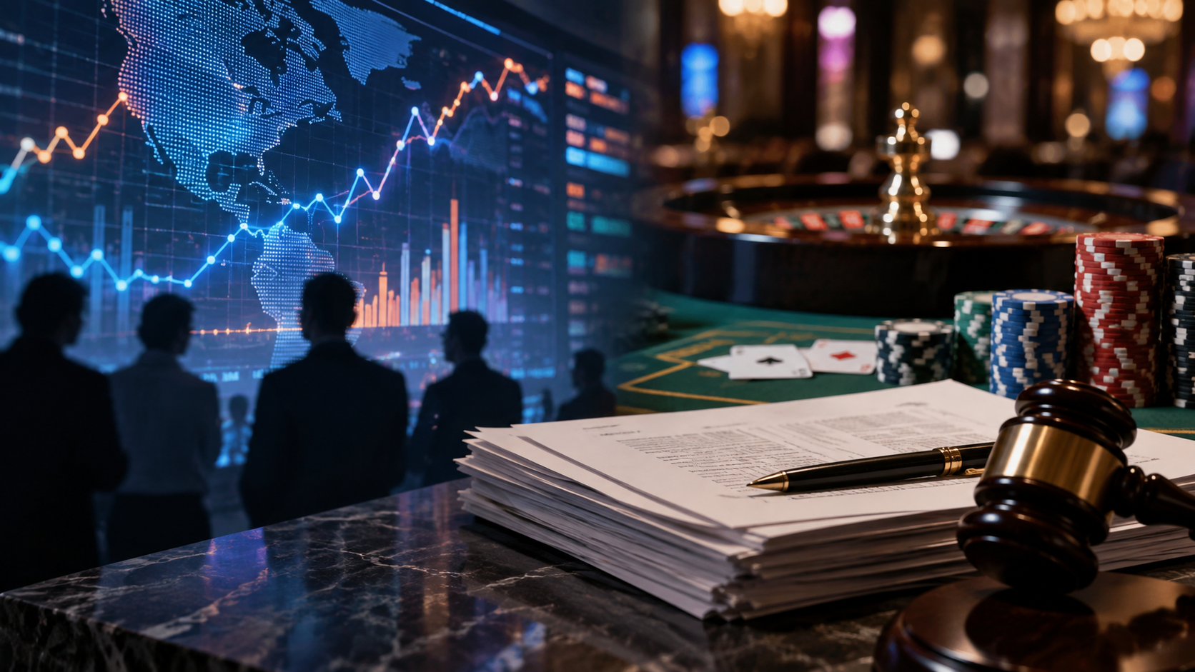 Editorial illustration of casino-style games and prediction-market regulation