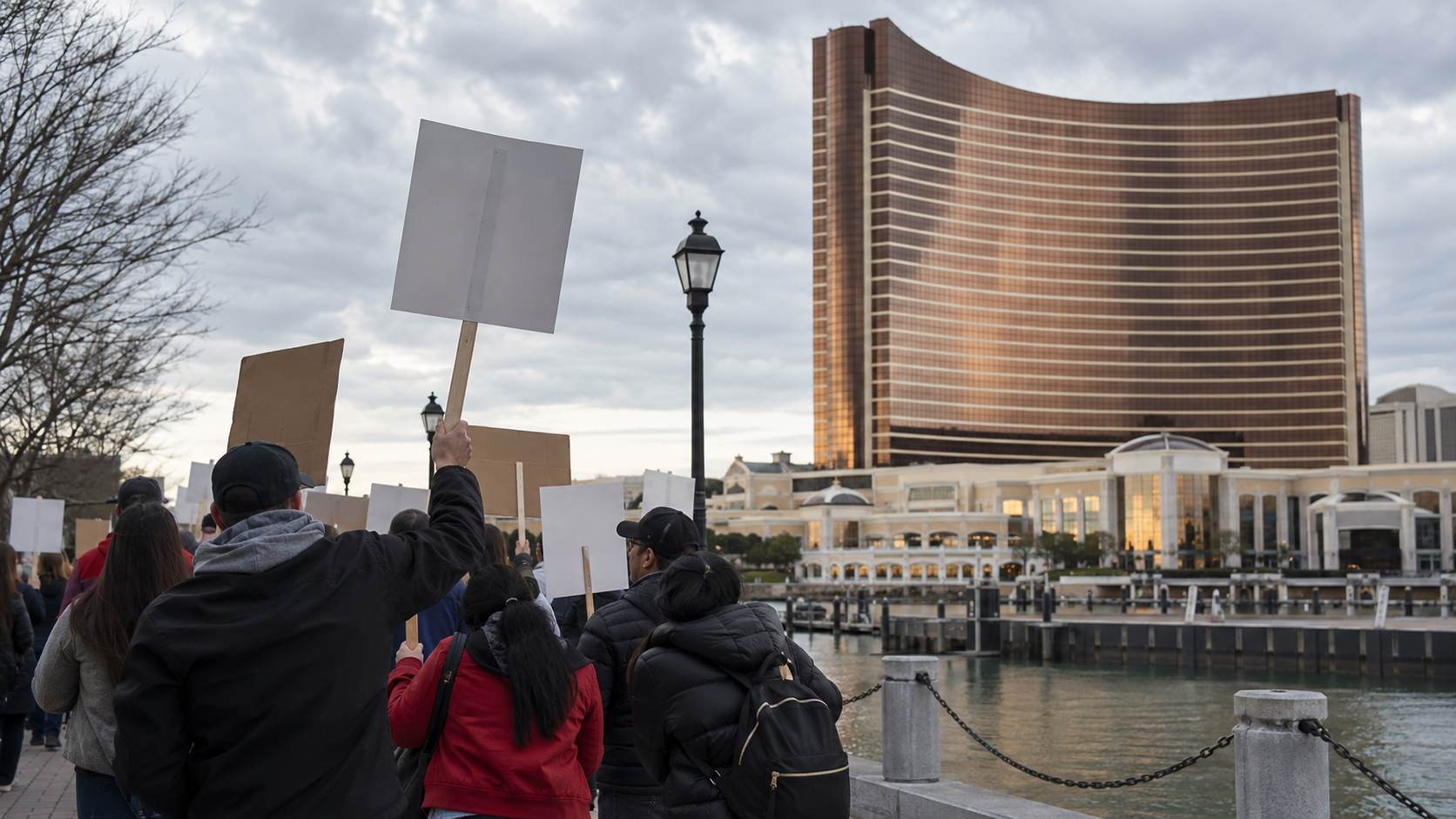 Editorial illustration for Encore Boston Harbor Strike Reaches Day 40 as Contract Talks Continue